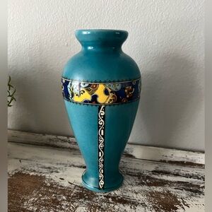 Vintage Czechoslovakian Aqua Blue Art Deco Vase With Floral & Scroll Accents EVC